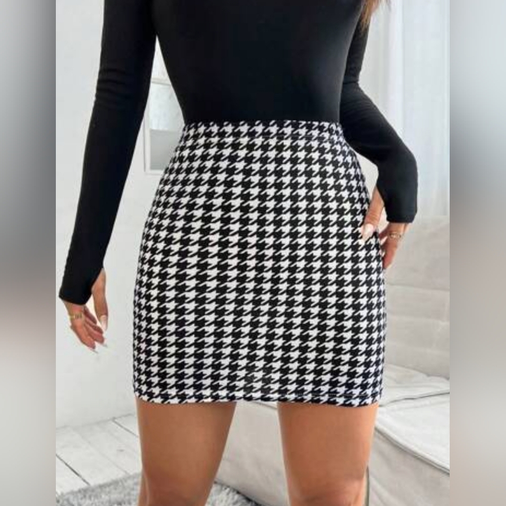 Houndstooth Bodycon Pencil Stretchy Belted Skirt Silhouette NYC
